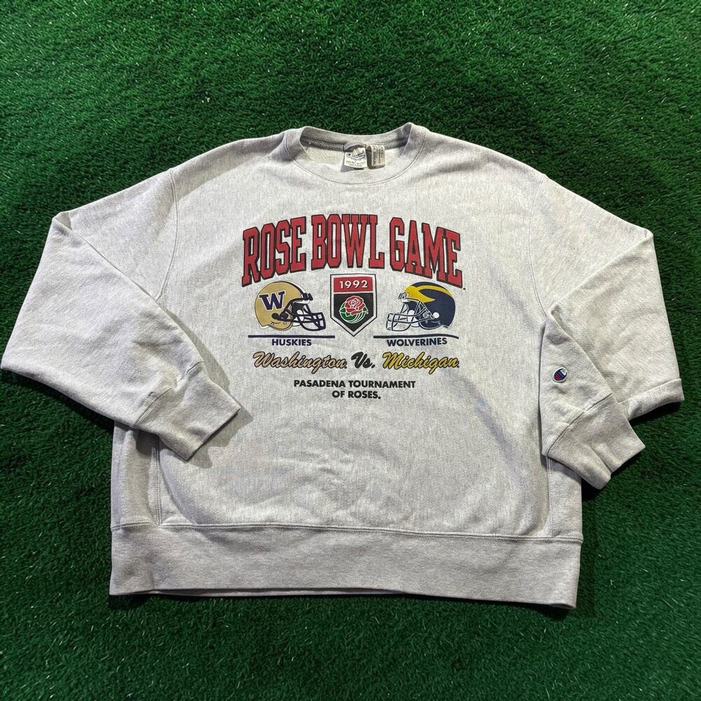 Vtg 90s Champion Reverse Weave 1992 Rose Bowl Washington vs Michigan Crewneck L